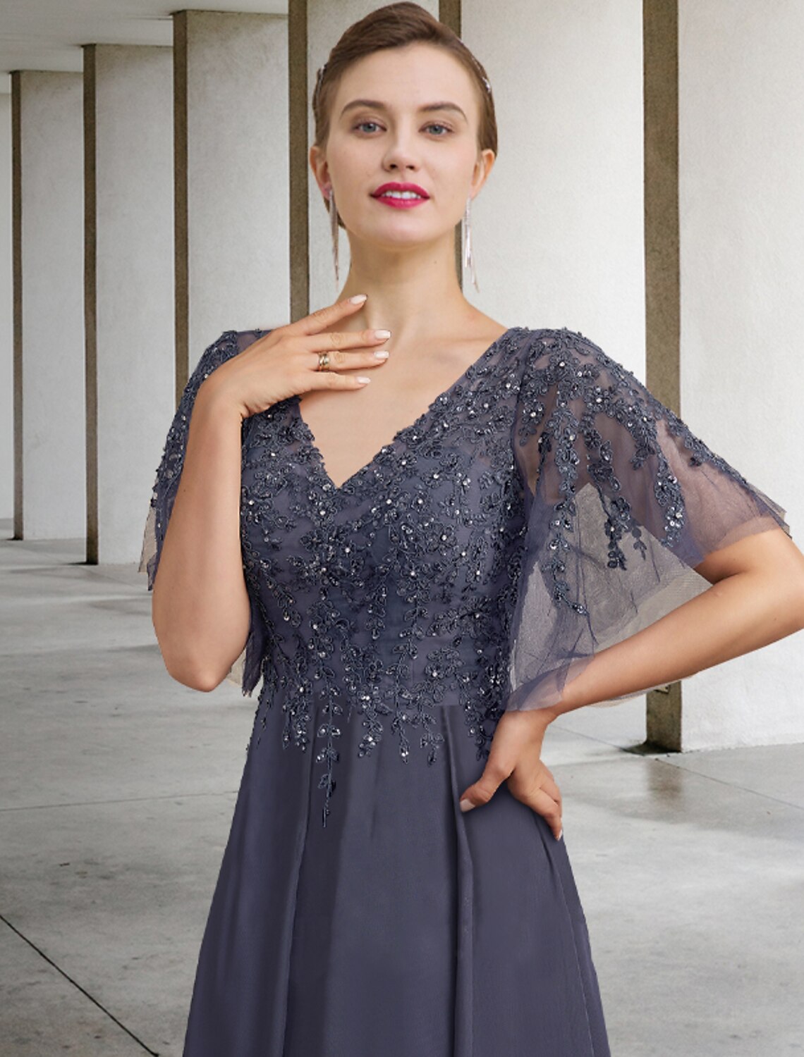 A-Line Plus Size Curve Mother of the Bride Dress Elegant Jewel Neck Ankle Length Chiffon Lace Short Sleeve with Beading Sequin Appliques by YiHuiw