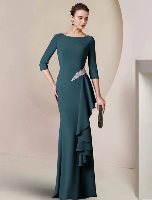 Sheath / Column Mother of the Bride Dress Wedding Guest Party Elegant Scoop Neck Floor Length Fabric 3/4 Length Sleeve with Crystal Brooch Ruching by YiHuiw