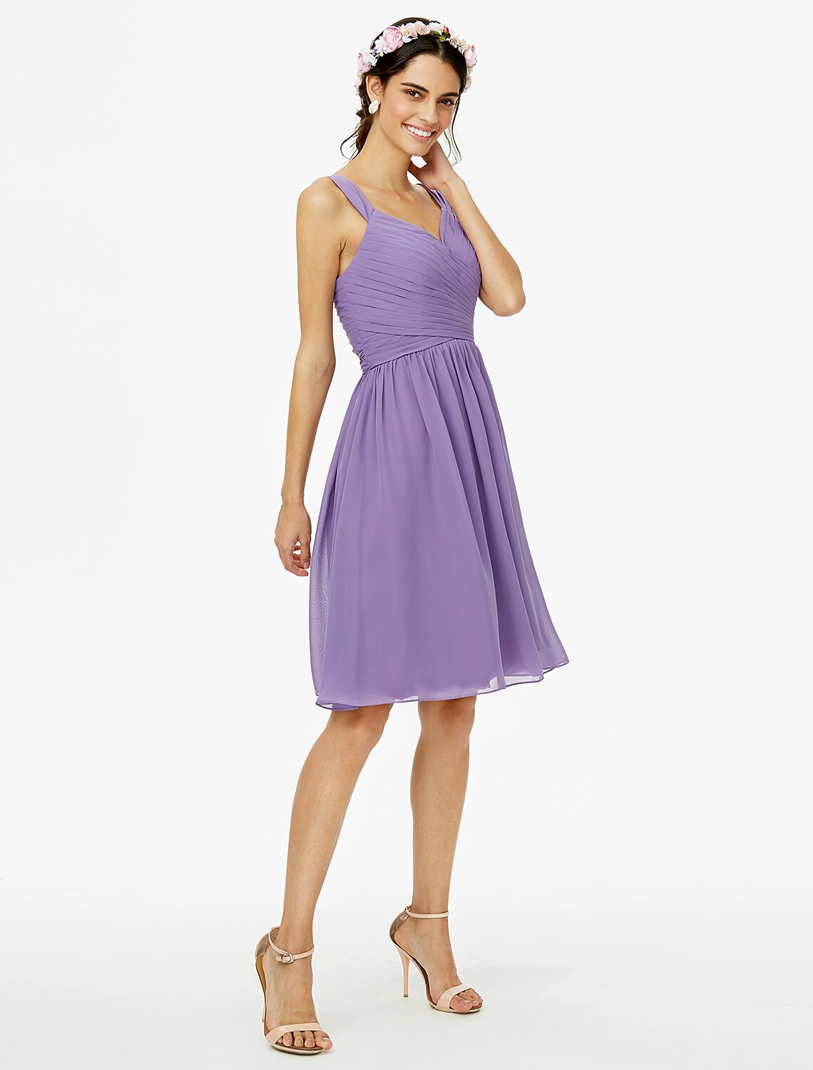 A-Line Bridesmaid Dress Straps Sleeveless Open Back Knee Length Chiffon with Sash / Ribbon / Bow(s) / Criss Cross by YiHuiw
