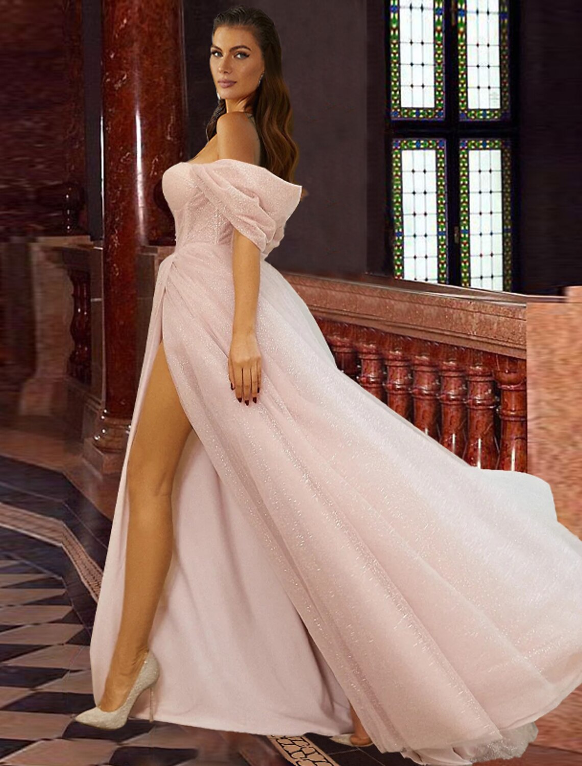 A-Line Prom Dresses Corsets Dress Prom Birthday Sweep / Brush Train Short Sleeve Off Shoulder Tulle with Glitter Pleats Slit by YiHuiw