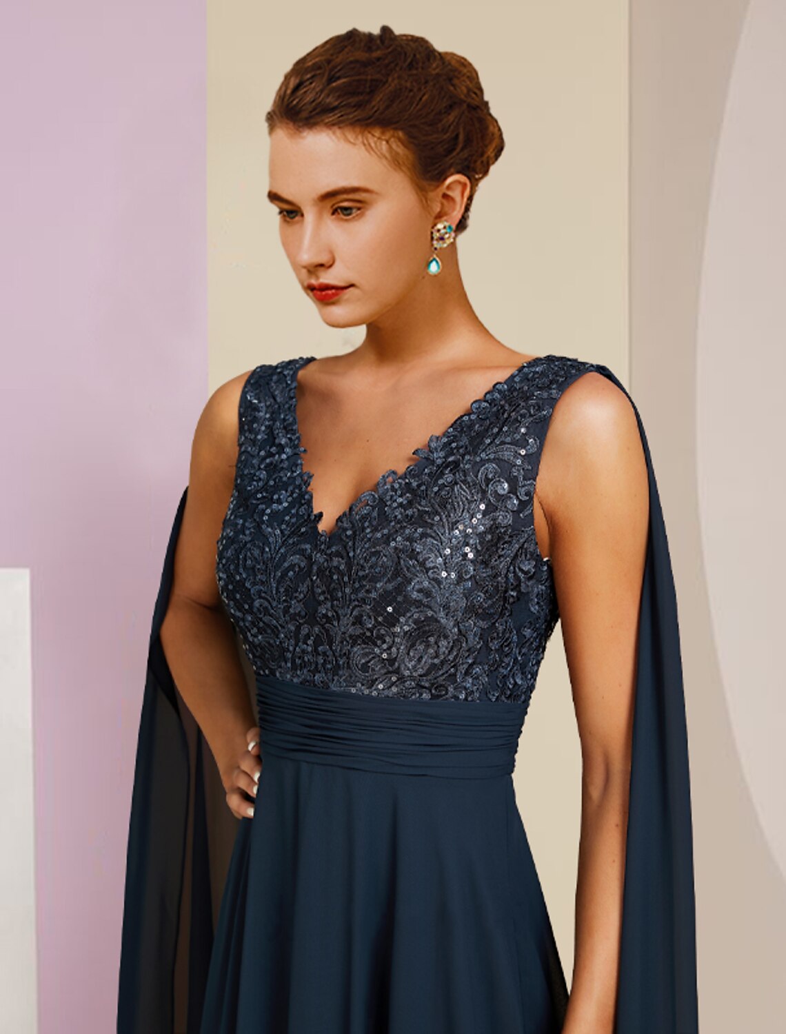 Sheath / Column Mother of the Bride Dress Formal Party Elegant V Neck Floor Length Chiffon Lace Sleeveless with Pleats Sequin by YiHuiw
