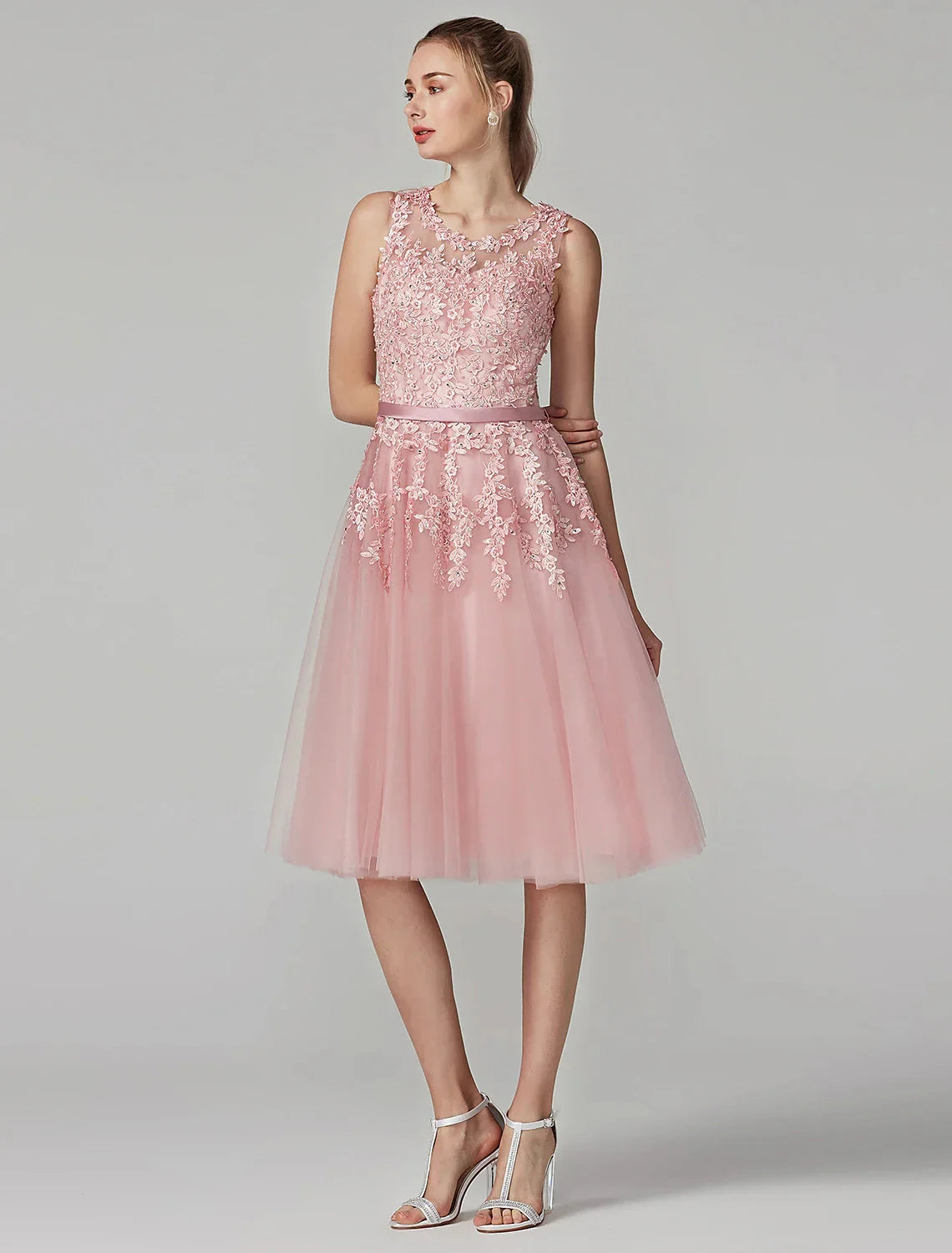 A-Line Cute Dress Cocktail Party Prom Knee Length Sleeveless Illusion Neck Tulle Over Lace with Beading Appliques by YiHuiw