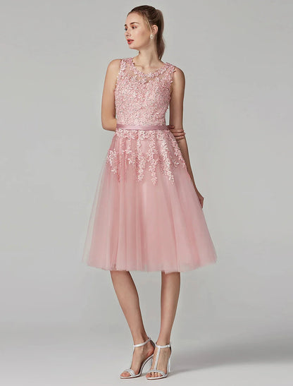 A-Line Cute Dress Cocktail Party Prom Knee Length Sleeveless Illusion Neck Tulle Over Lace with Beading Appliques by YiHuiw