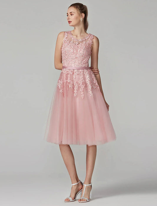 A-Line Cute Dress Cocktail Party Prom Knee Length Sleeveless Illusion Neck Tulle Over Lace with Beading Appliques by YiHuiw