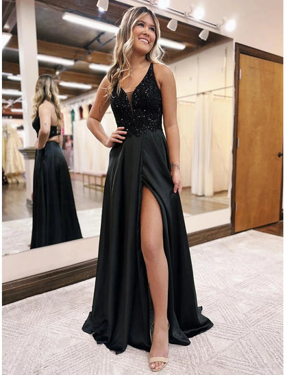 A-Line Evening Gown Empire Dress Formal Floor Length Sleeveless V Neck Pocket Satin Backless with Beading Appliques by YiHuiw