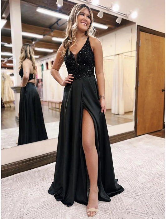 A-Line Evening Gown Empire Dress Formal Floor Length Sleeveless V Neck Pocket Satin Backless with Beading Appliques by YiHuiw