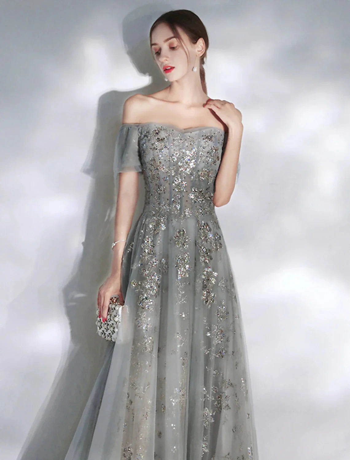 A-Line Evening Gown Glittering Dress Engagement Formal Evening Floor Length Short Sleeve Off Shoulder Spandex with Sequin Appliques by YiHuiw