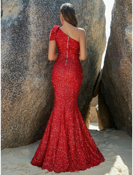 Mermaid / Trumpet Evening Gown Sparkle & Shine Dress Formal Fall Sweep / Brush Train Sleeveless One Shoulder Sequined with Glitter Shouder Flower by YiHuiw