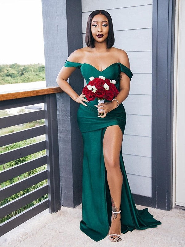 Sheath/Column Off-the-Shoulder Ruched Sleeveless Sweep/Brush Train Bridesmaid Dresses by YiHuiw