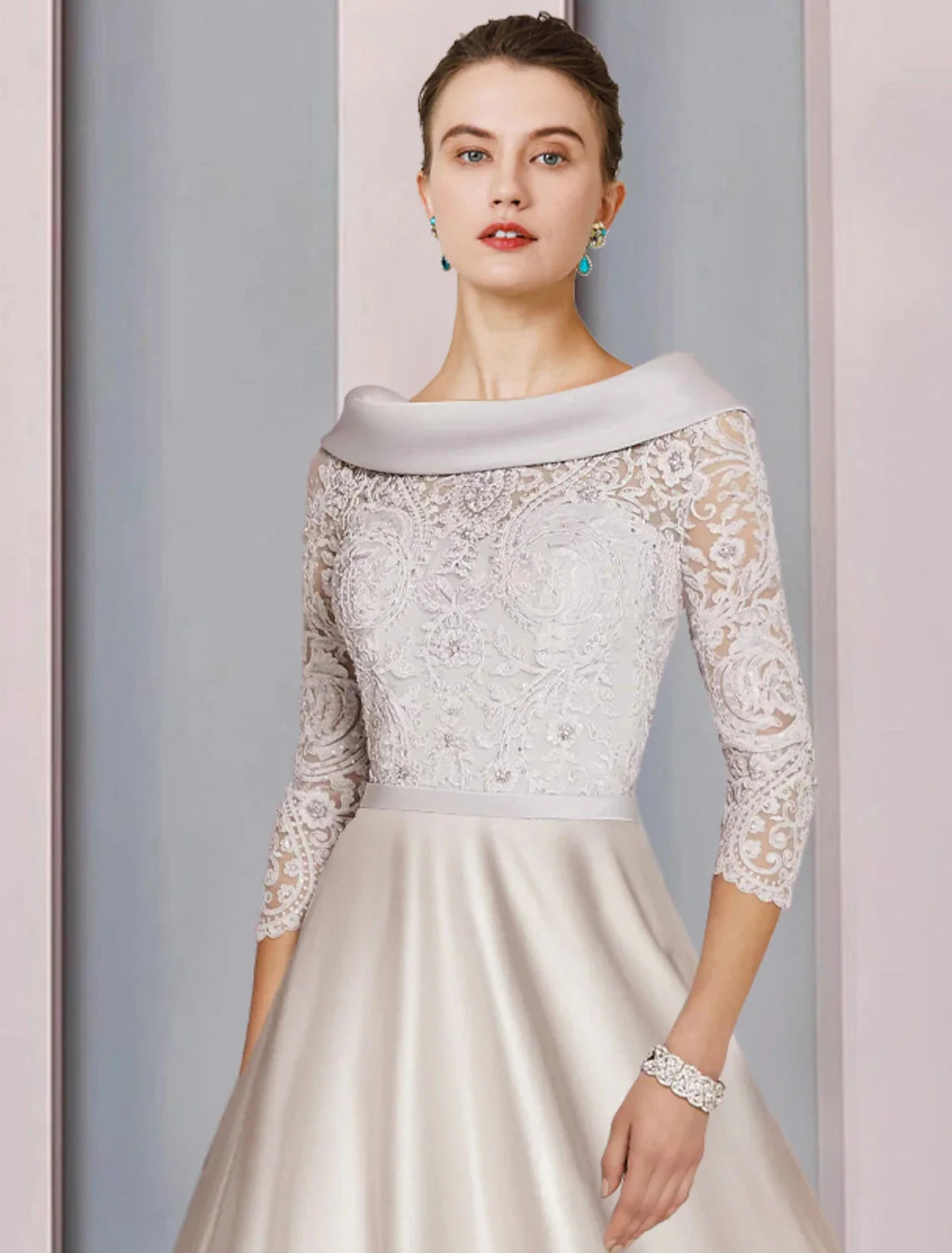 A-Line Mother of the Bride Dress Formal Church Party Elegant Cowl Neck Tea Length Satin Lace 3/4 Length Sleeve with Beading Appliques by YiHuiw