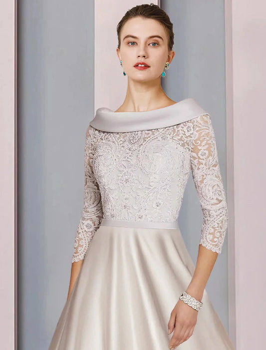 A-Line Mother of the Bride Dress Formal Church Party Elegant Cowl Neck Tea Length Satin Lace 3/4 Length Sleeve with Beading Appliques by YiHuiw
