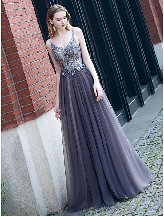A-Line Minimalist Elegant Party Wear Prom Dress V Neck Sleeveless Floor Length Tulle with Pleats Appliques by YiHuiw