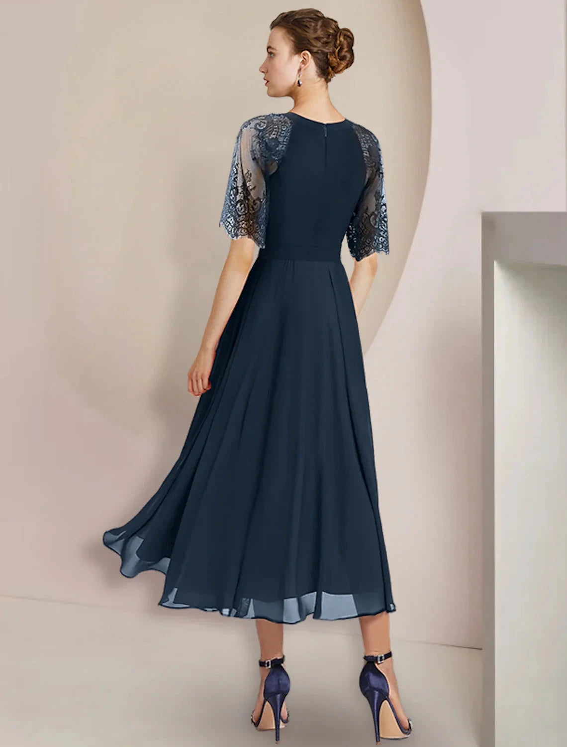 A-Line Mother of the Bride Dress Formal Wedding Guest Party Elegant High Low Scoop Neck Tea Length Chiffon Lace 3/4 Length Sleeve with Pleats Crystal Brooch by YiHuiw