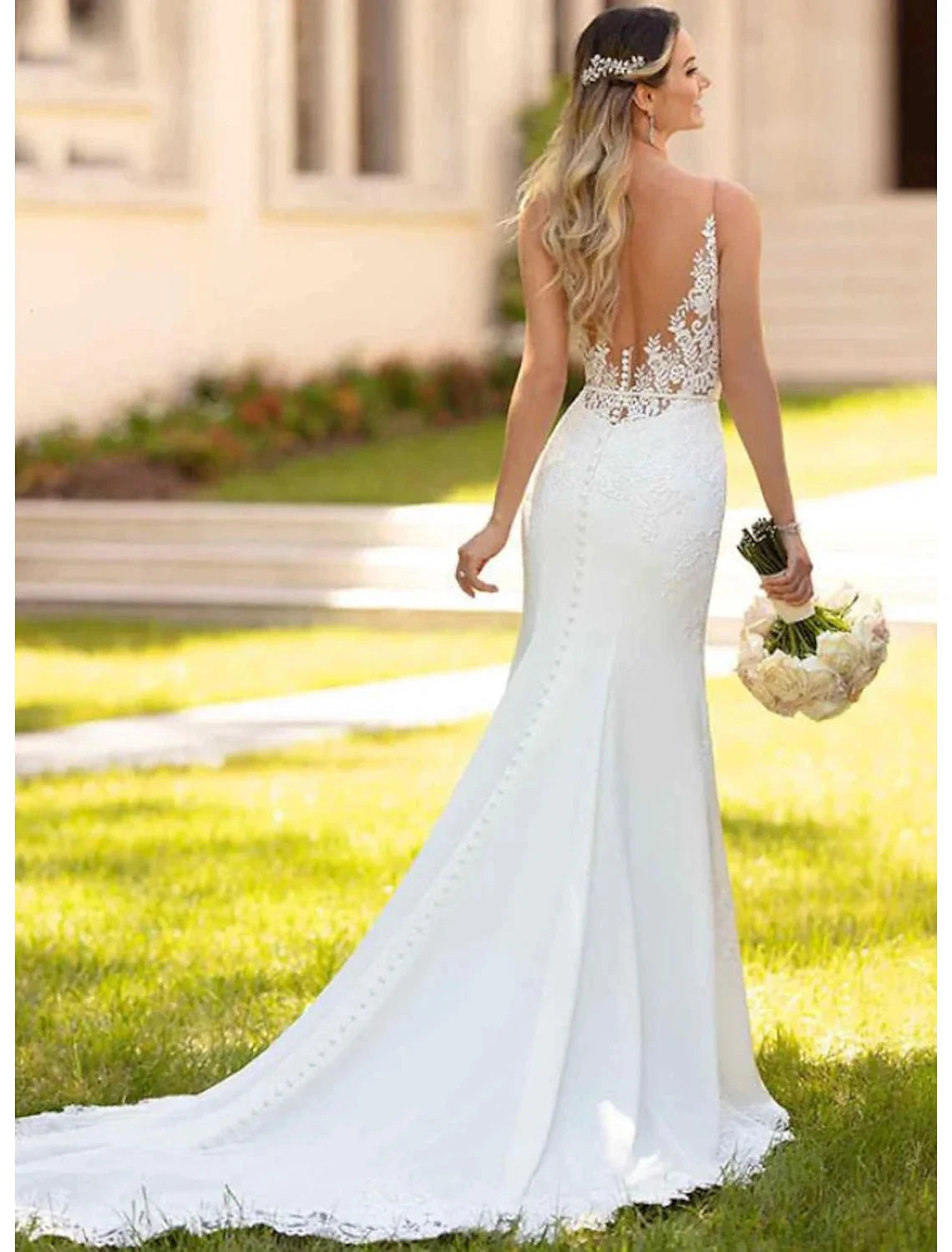 Engagement Open Back Sexy Formal Wedding Dresses Mermaid / Trumpet V Neck Sleeveless Court Train Lace Bridal Gowns With Appliques Summer Wedding Party Women's Clothing by YiHuiw