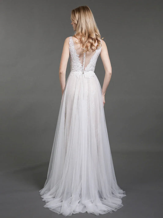 A-Line Plunging Sleeveless Floor-Length Wedding Dress - Yihuiw by Yihuiw