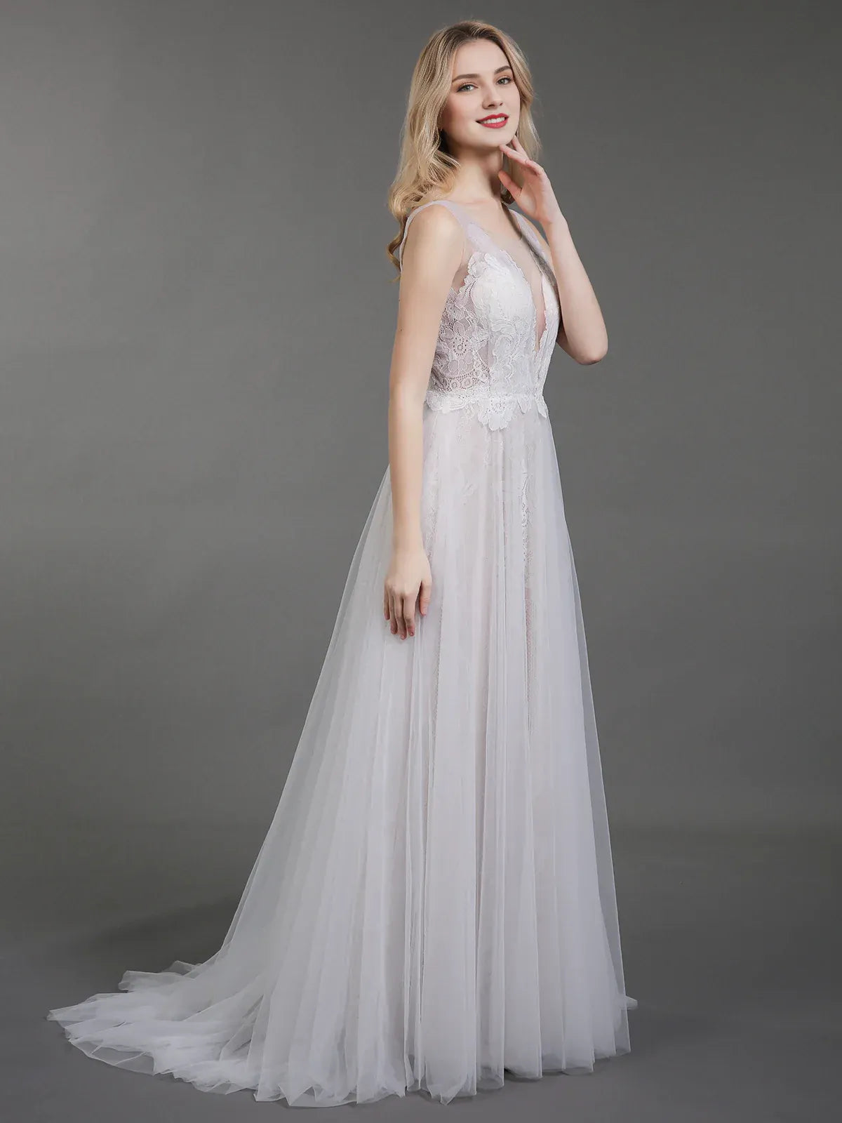 A-Line Plunging Sleeveless Floor-Length Wedding Dress - Yihuiw by Yihuiw