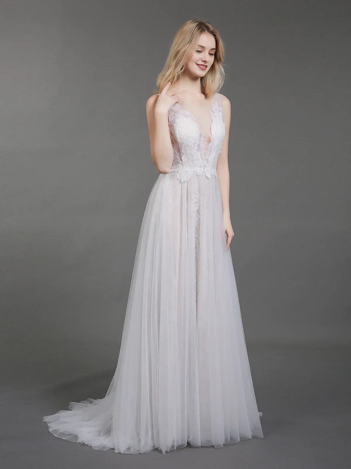 A-Line Plunging Sleeveless Floor-Length Wedding Dress - Yihuiw by Yihuiw