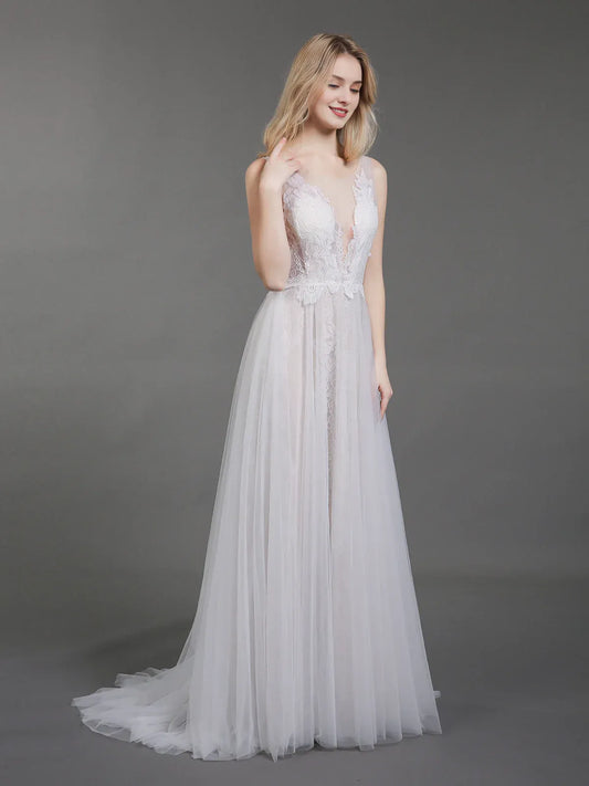 A-Line Plunging Sleeveless Floor-Length Wedding Dress - Yihuiw by Yihuiw