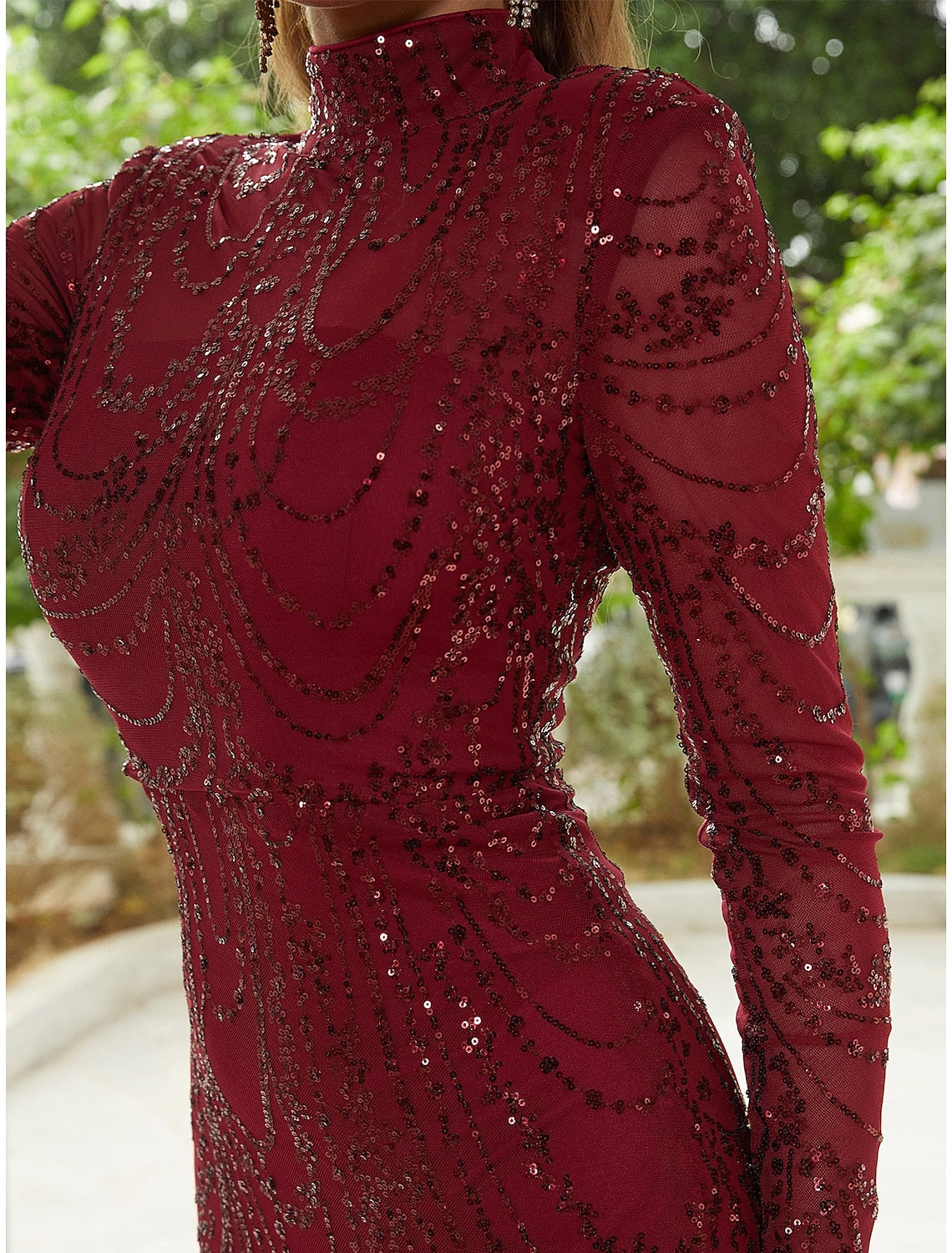 Sheath / Column Evening Gown Sparkle & Shine Dress Formal Wedding Guest Sweep / Brush Train Long Sleeve High Neck Sequined with Glitter Slit by YiHuiw