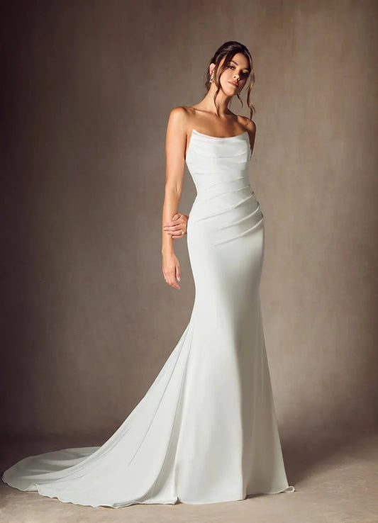 Strapless Ruched Bodice Satin Mermaid Wedding Dress with Chapel Train by YiHuiw