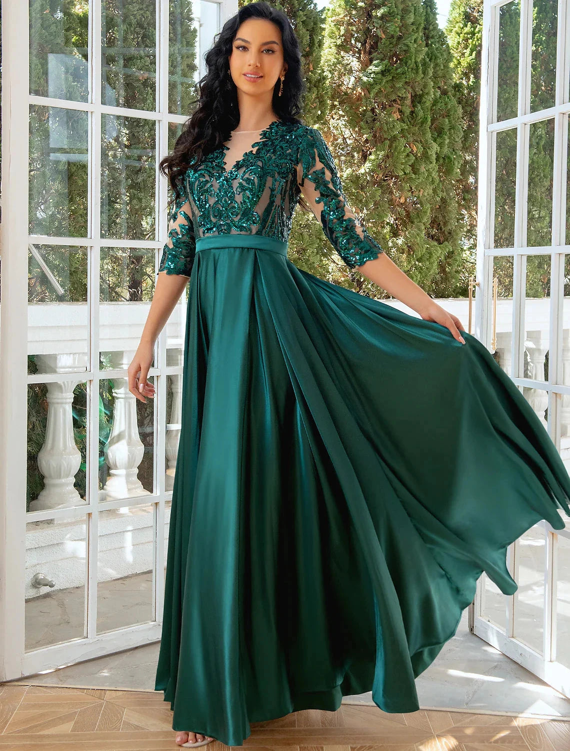 A-Line Evening Gown Elegant Dress Wedding Party Floor Length Half Sleeve Illusion Neck Satin with Pleats Sequin Slit by YiHuiw