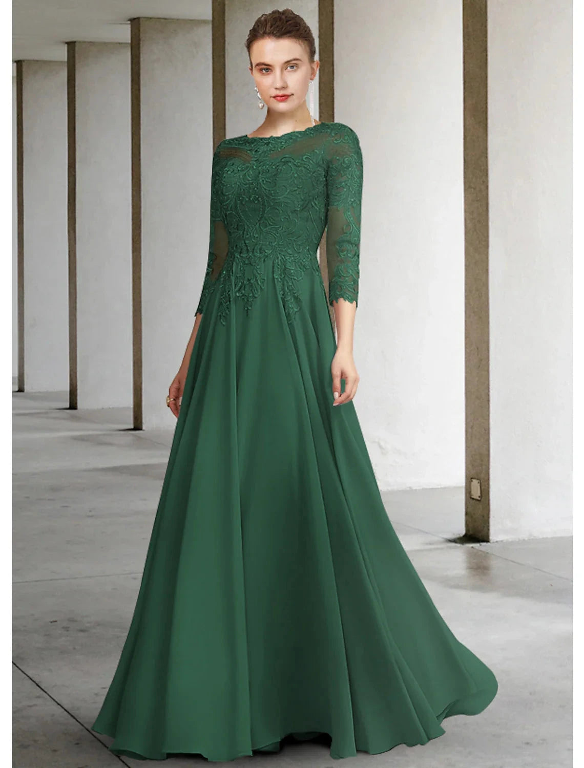 A-Line Mother of the Bride Dress Elegant Jewel Neck Floor Length Chiffon Lace 3/4 Length Sleeve with Pleats Appliques by YiHuiw