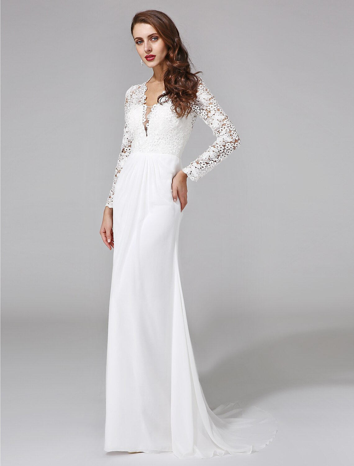 Beach Royal Style Boho Wedding Dresses Sheath / Column Illusion Neck Long Sleeve Sweep / Brush Train Chiffon Bridal Gowns With Lace Button Summer Wedding Party, Women's Clothing by YiHuiw