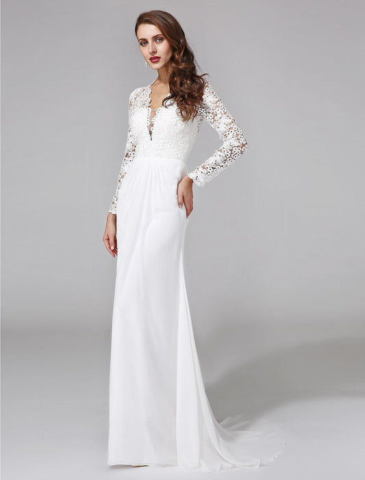 Beach Royal Style Boho Wedding Dresses Sheath / Column Illusion Neck Long Sleeve Sweep / Brush Train Chiffon Bridal Gowns With Lace Button Summer Wedding Party, Women's Clothing