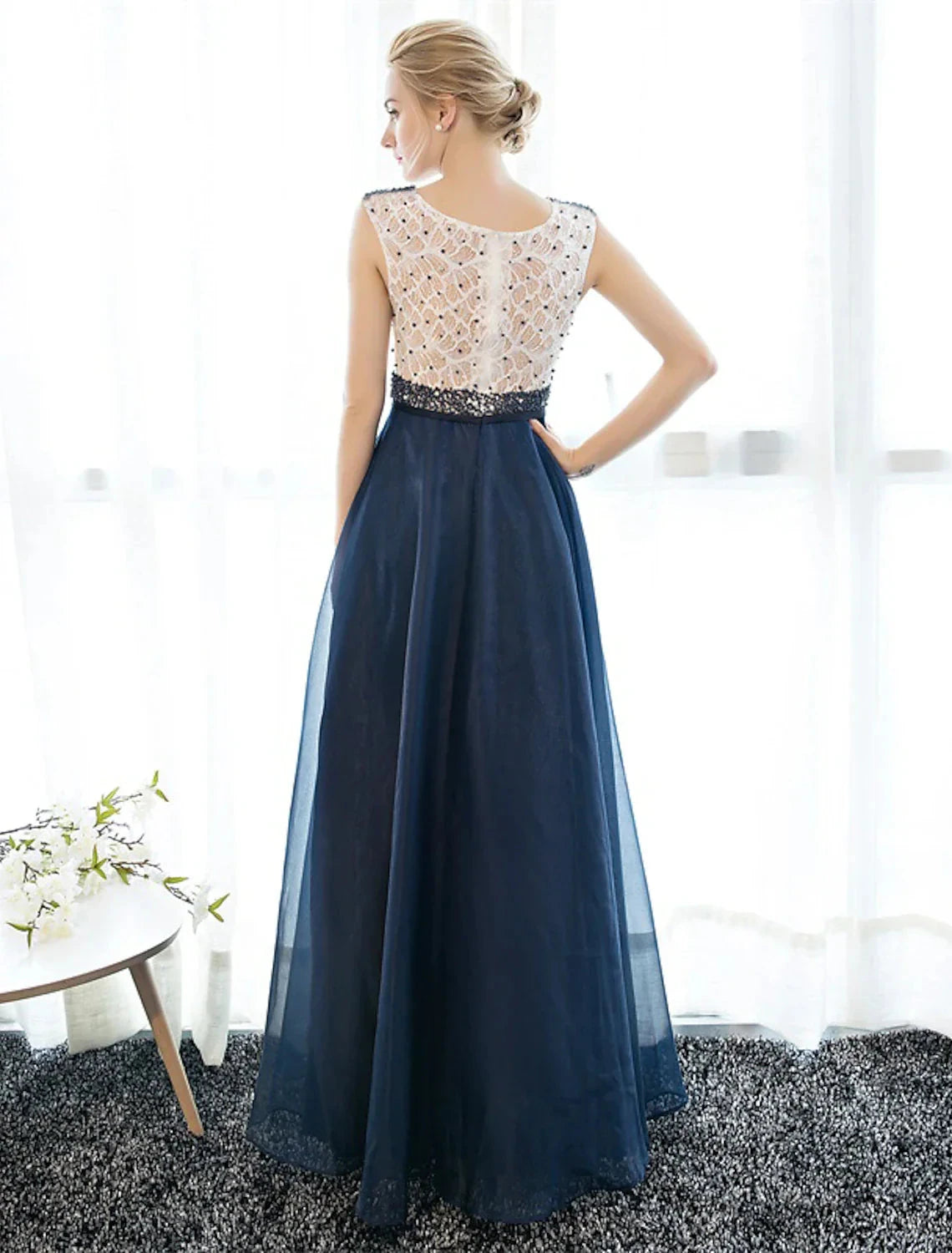A-Line Beautiful Back Elegant Beaded & Sequin Prom Formal Evening Dress Illusion Neck Sleeveless Floor Length Tulle Over Lace with Beading by YiHuiw