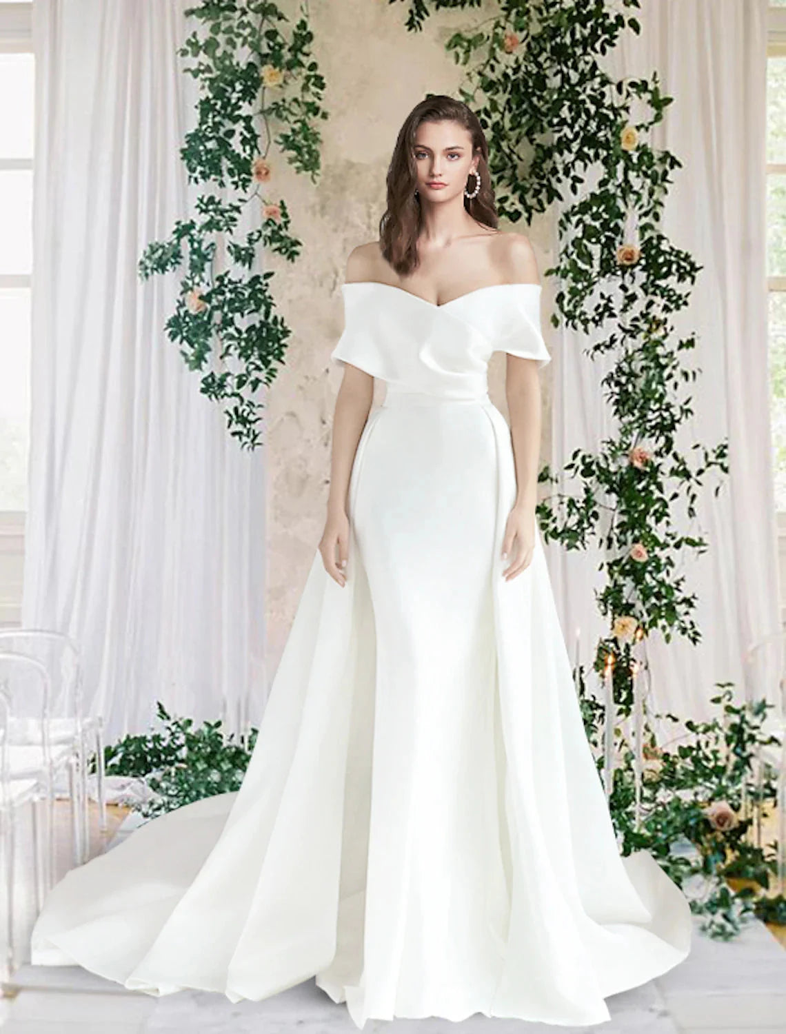 Hall Casual Fall Wedding Dresses Sheath / Column Off Shoulder Cap Sleeve Chapel Train Satin Bridal Gowns With Ruched 2025 Summer Wedding Party Women‘s Clothing by YiHuiw