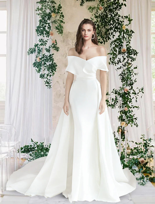 Hall Casual Fall Wedding Dresses Sheath / Column Off Shoulder Cap Sleeve Chapel Train Satin Bridal Gowns With Ruched 2025 Summer Wedding Party Women‘s Clothing
