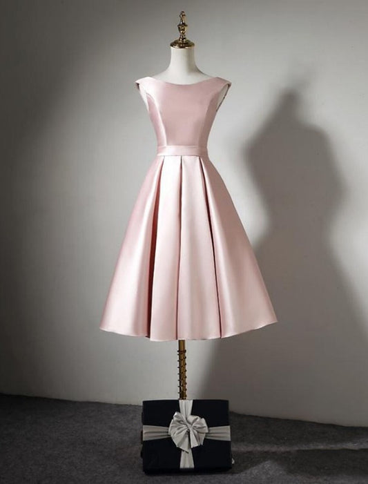 A-Line Bridesmaid Dress Off Shoulder Sleeveless Elegant Tea Length Satin with Bow(s) / Pleats by YiHuiw