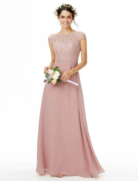 Sheath / Column Bridesmaid Dress Bateau Neck Short Sleeve Elegant Floor Length Chiffon / Lace with Lace / Sash / Ribbon / Bow(s) by YiHuiw