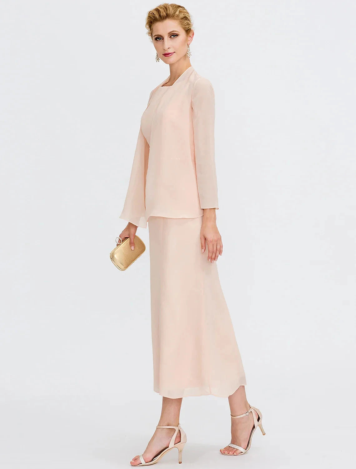 Two Piece Sheath / Column Mother of the Bride Dress Wedding Guest Plus Size Elegant with Jacket Long Sleeve Scoop Neck Tea Length Chiffon Sash / Ribbon Pleats Beading by YiHuiw