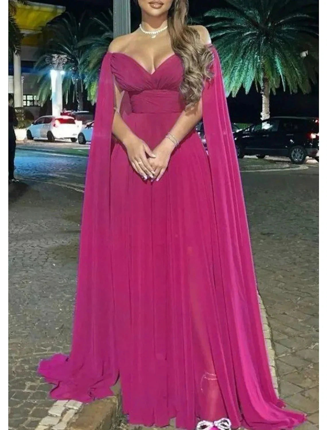 A-Line Evening Gown Elegant Dress Formal Wedding Party Sweep / Brush Train Sleeveless Off Shoulder Capes Chiffon with Pleats by YiHuiw
