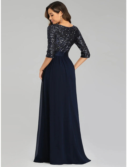 A-Line Elegant Wedding Guest Formal Evening Dress Jewel Neck 3/4 Length Sleeve Floor Length Tulle with Sequin by YiHuiw