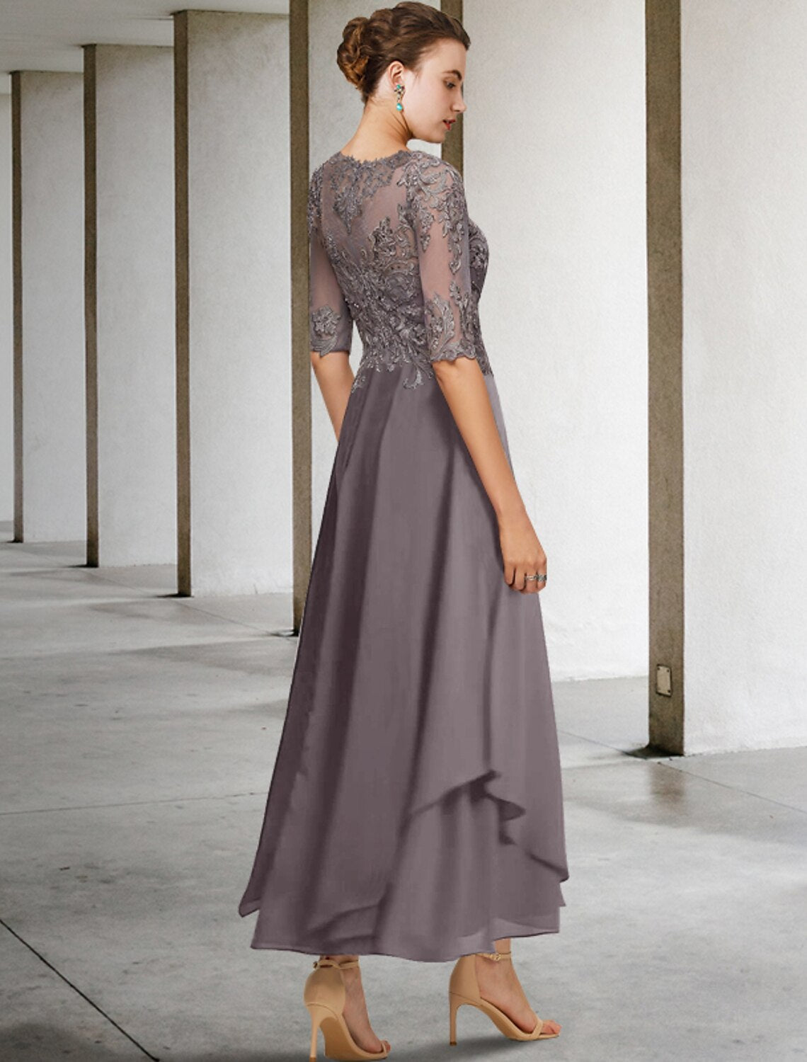 A-Line Mother of the Bride Dress Formal Wedding Guest Elegant Scoop Neck Asymmetrical Ankle Length Chiffon Lace Half Sleeve No with Beading Appliques by YiHuiw