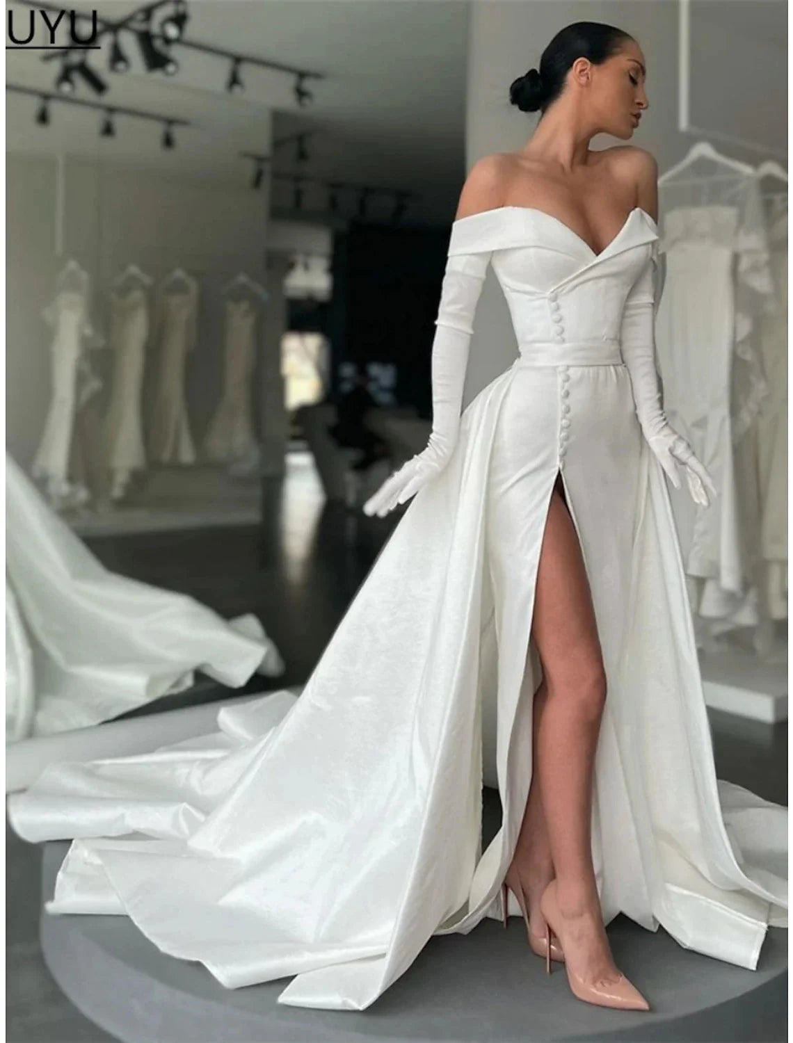 A-Line Evening Gown Elegant Dress Formal Court Train Long Sleeve Off Shoulder Satin with Buttons Pleats Slit by YiHuiw