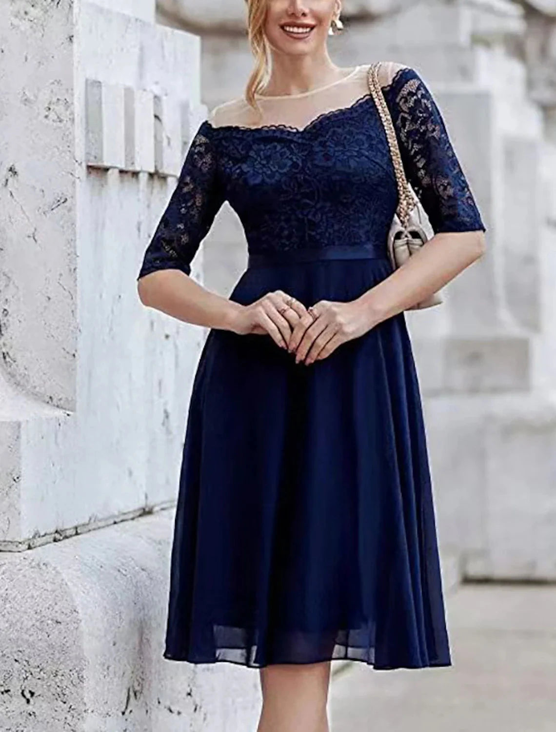 A-Line Cocktail Dresses Vintage Dress Party Wear Cocktail Party Knee Length Half Sleeve Jewel Neck Fall Wedding Guest Lace with Pleats by YiHuiw