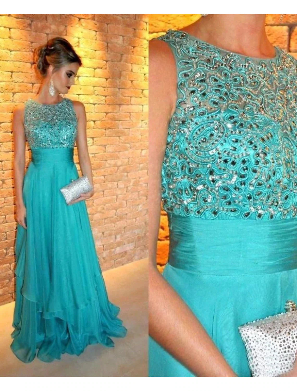 A-Line Evening Gown Tiered Prom Dress Formal Sweep / Brush Train Sleeveless Jewel Neck Chiffon with Rhinestone by YiHuiw
