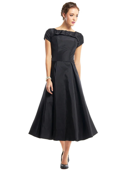 A-Line Black Dress Vintage Homecoming Wedding Guest Tea Length Short Sleeve Boat Neck Taffeta with Buttons by YiHuiw