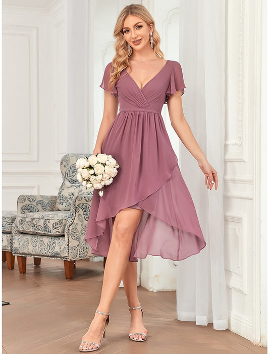 A-Line Bridesmaid Dress Plunging Neck Sleeveless Elegant Asymmetrical / Short / Mini Chiffon with Pleats / Cascading Ruffles / Solid Color by YiHuiw