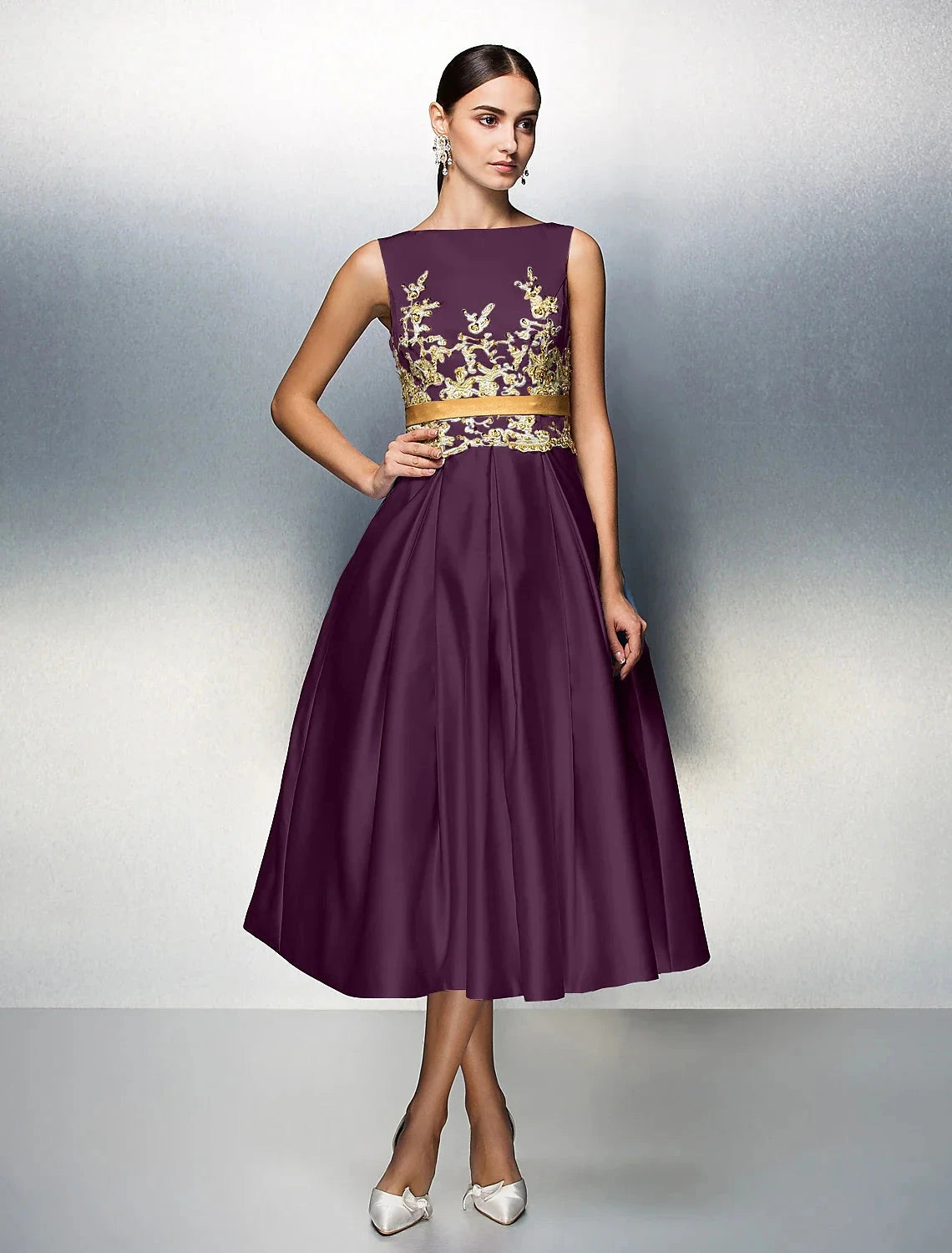 A-Line Cocktail Dresses Party Dress Wedding Guest Prom Tea Length Sleeveless Jewel Neck Satin V Back with Pleats Appliques by YiHuiw