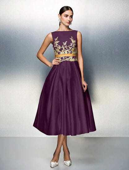 A-Line Cocktail Dresses Party Dress Wedding Guest Prom Tea Length Sleeveless Jewel Neck Satin V Back with Pleats Appliques by YiHuiw