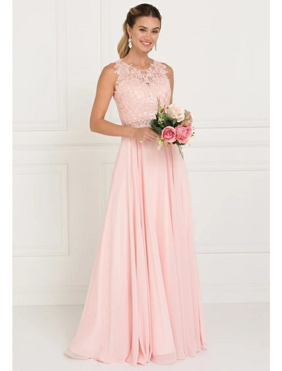 A-Line Bridesmaid Dress Jewel Neck Sleeveless Elegant Sweep / Brush Train Tulle with Lace / Sash / Ribbon by YiHuiw