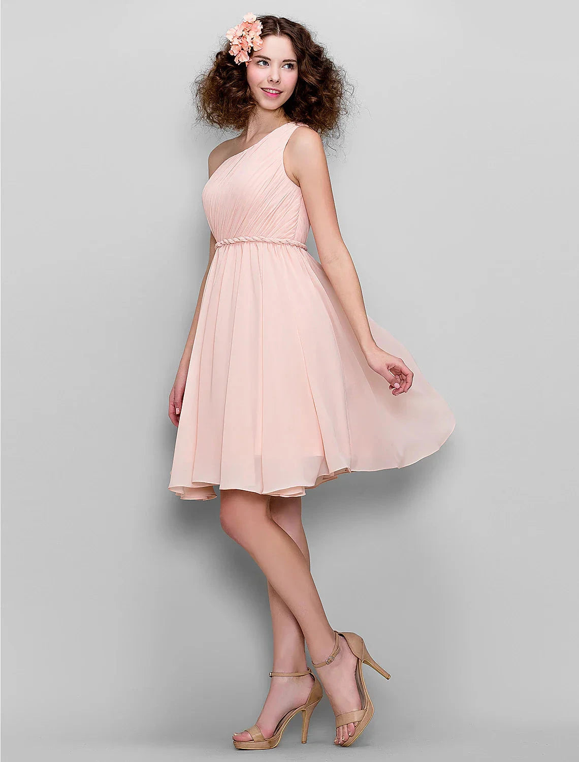 A-Line Bridesmaid Dress One Shoulder Sleeveless All Celebrity Styles Knee Length Chiffon with Side Draping by YiHuiw