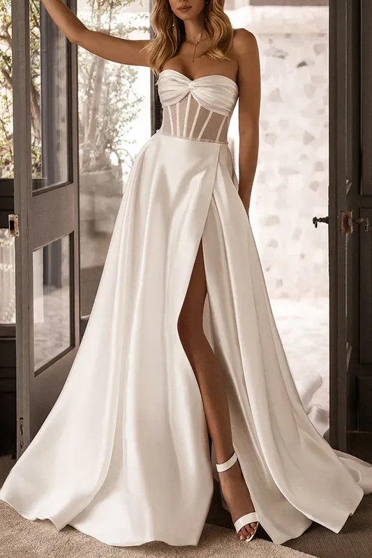 A-Line Strapless Lace-Up Back Floor-Length Wedding Dress - Yihuiw by Yihuiw