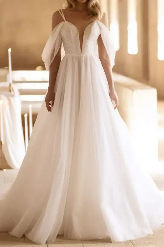 A-Line V-Neck Floor-Length Wedding Dress - Yihuiw by Yihuiw