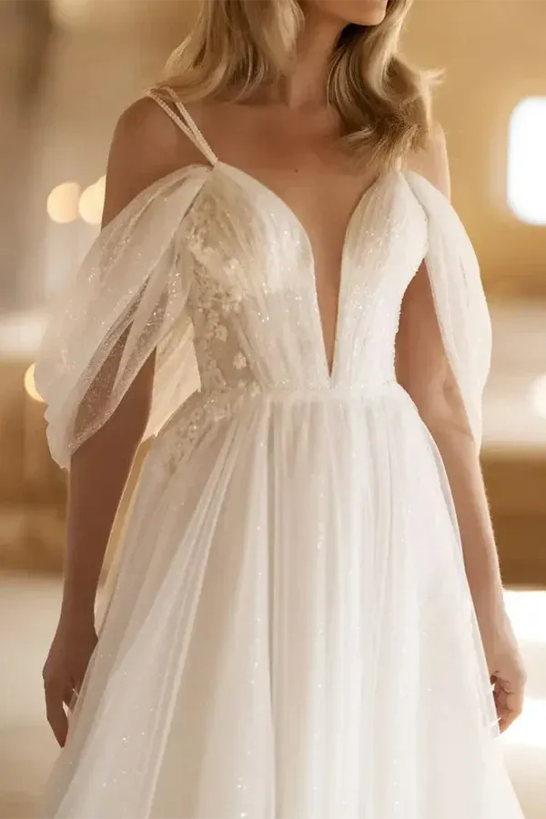 A-Line V-Neck Floor-Length Wedding Dress - Yihuiw by Yihuiw