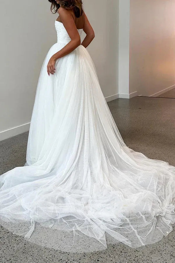 A-Line Strapless Tulle Pleated Wedding Dress - Yihuiw by Yihuiw